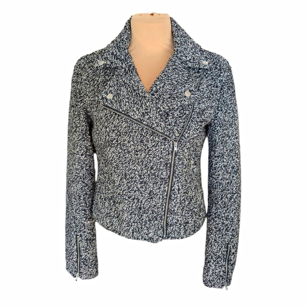 Nine West Jeans Avery Tweed Moto Biker Jacket Zip Pockets Black/White Size 4